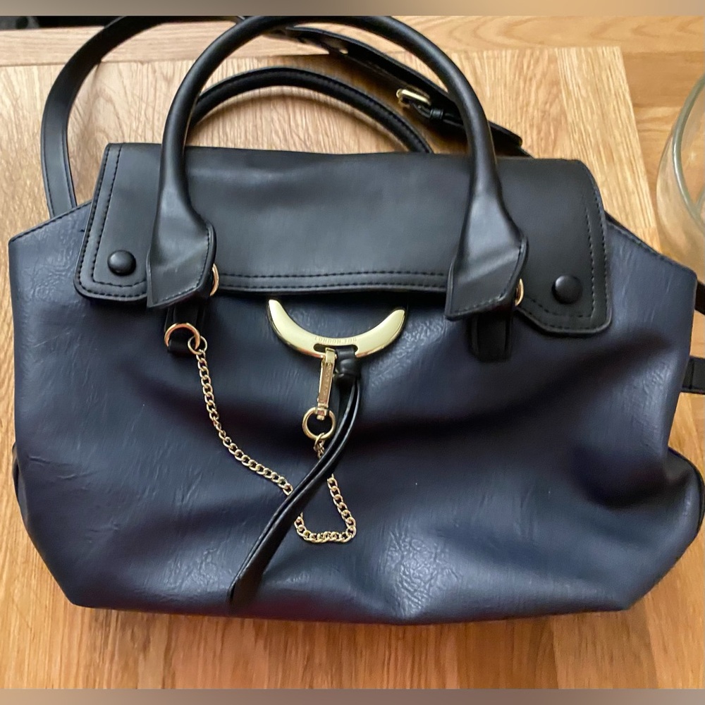 London Fog Black Faux Leather Satchel Crossbody Purse